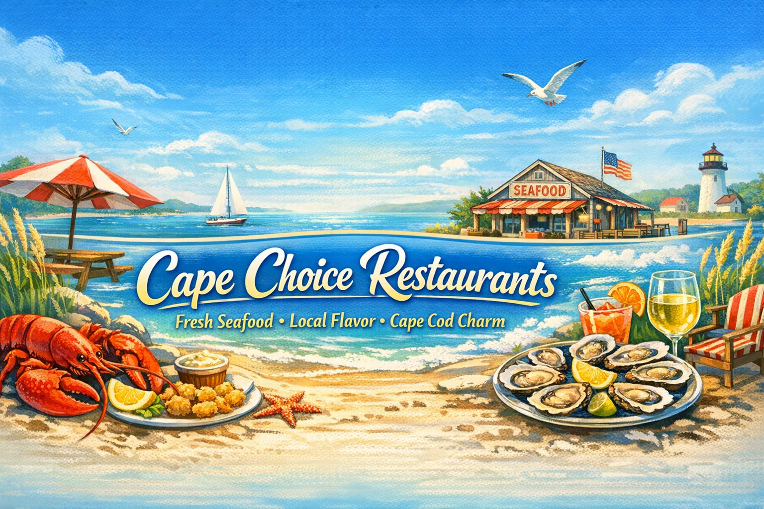 Cape Choice Restaurants banner showing Cape Cod beach dining, fresh seafood, and local flavor